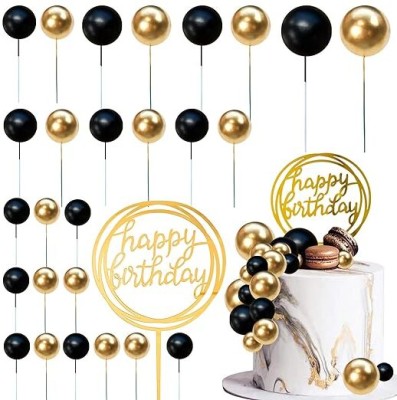 shizal Black and golden faux ball combination with happy birthday acrylic topper Cake Topper(GOLDEN Pack of 28)