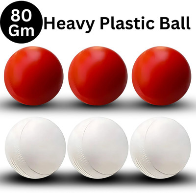 Nongi Heavy Plastic Ball White Red Non Toxic (Pack of 6 | 80gm Per Ball) Cricket Training Ball(Standard, Pack of 6, White, Red)