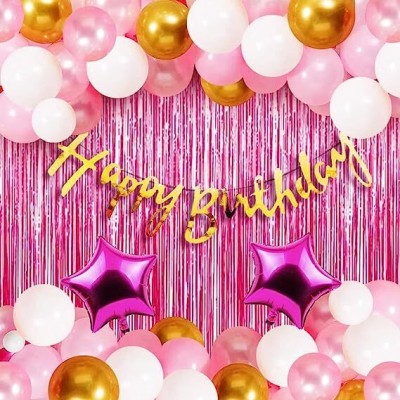 HouseOfCommon Solid Happy Birthday Banner, Foil Curtain, Star Foil Balloons Balloon(Pink, Pack of 64)