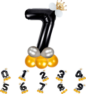 Party Parindey Solid Birthday/Anniversary Decoration Pastel Balloons,Crown,7 Number Foil Balloons Set Balloon(Black, Pack of 14)