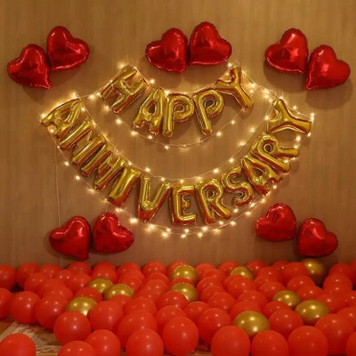Gaurik Solid Solid Happy Anniversary Golden Letter Foil Balloons Set with Heart Shape Foil , Balloon(Multicolor, Pack of 78)