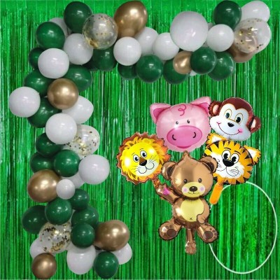 SKYWINS Solid Jungle Safari Green Theme 2 Curtain with Animals Face Foil Mettalic Balloons Balloon(Green, Pack of 39)