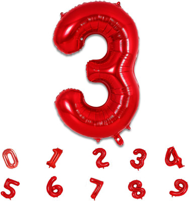 Party Bird Solid Red Number 3 /Three Foil Balloons 32 Inch Birthday & Anniversary Decoration Balloon(Red, Pack of 1)