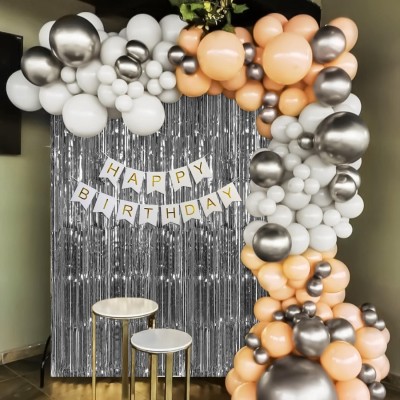 specialyou.in Solid Happy Birthday Decoration Items for Girls and boys with Fringe Curtains, Balloon(Brown, White, Silver, Pack of 65)