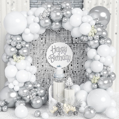 R G ACCESSORIES Solid White Silver Balloons Garland Kit Of 51 Pcs Balloon(White, Silver, Pack of 51)
