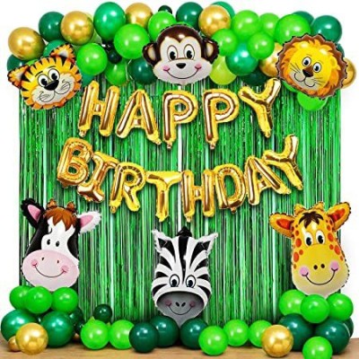 Party Station Solid Jungle Theme 49pcs - Foil+Balloons+Shimmer+Animals+BalloonStrip Balloon(Green, Gold, Pack of 49)