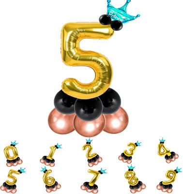 Décor Mantra Solid Pastel Balloons,Crown,5 Number Foil Balloons Set Birthday/Anniversary Decoration Letter Balloon(Gold, Pack of 14)