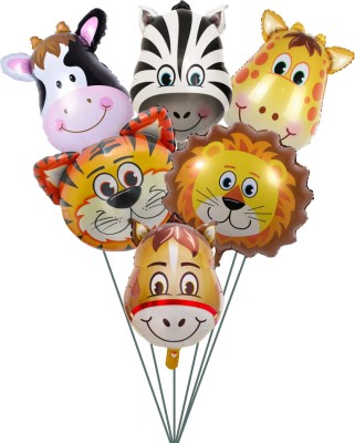 Party Decorz Printed Animal Theme Foil Balloon Set Of 6 Pcs (6pcs Animal Face Big Size Foil Balloon) Balloon(Multicolor, Pack of 6)