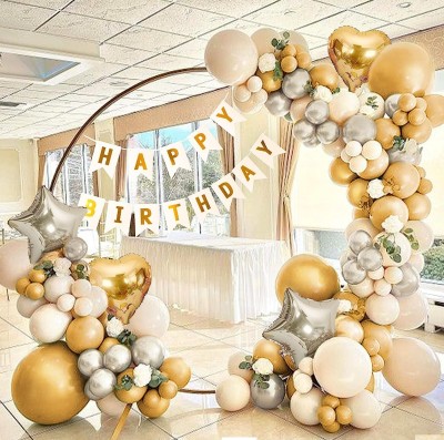 RSR CREATION Solid Set of 64 Pcs Happy Birthday Decoration Kit Combo For Boys Girls Cardboard Balloon(Gold, White, Pack of 64)