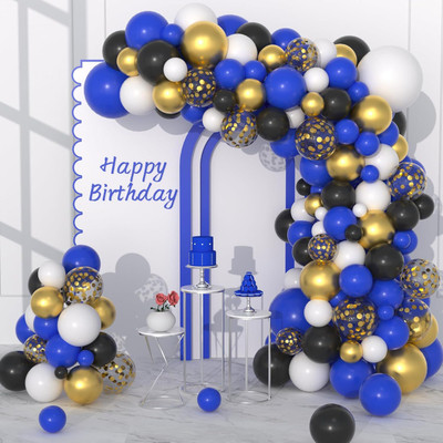 R G ACCESSORIES Solid Blue Black White Golden Balloons Garland Decoration Kit With Arch Pack Of 50 Balloon(Blue, Black, White, Gold, Pack of 50)