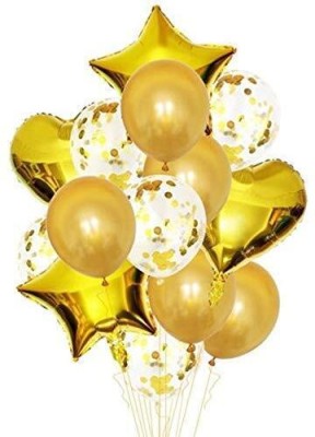 kapoor traders Solid Kapoor Trader 14 Pieces Party Balloons Golden Star Heart Foil Balloons Birthday Balloon(Gold, Pack of 1)