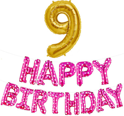 kinegic Solid 9th Birthday Decorations Combo – Happy Birthday and 9 Number Foil Balloon Set Letter Balloon(Pink, Pack of 14)