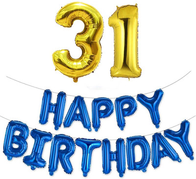 kinegic Solid 31st Birthday Decorations Combo – Happy Birthday and 31 Number Foil Balloon Set Letter Balloon(Blue, Pack of 15)