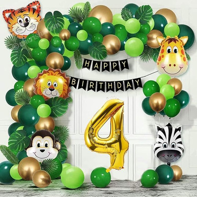 groovy dudz Solid Jungle Theme Happy Birthday 4 Year Decoration Kit Balloon(Multicolor, Pack of 78)