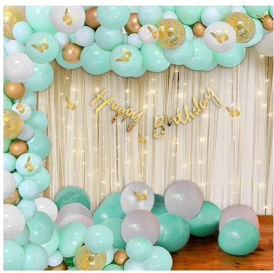 PARTY MIDLINKERZ Solid Green butterfly theme Birthday party decorations items Combo Kit White Curtain Balloon(Multicolor, Pack of 78)
