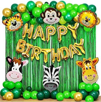 GIFTELLA Printed Animal Theme Kids Birthday Decoration with Gold Happy Birthday Foil Balloon(Green, Gold, Pack of 111)