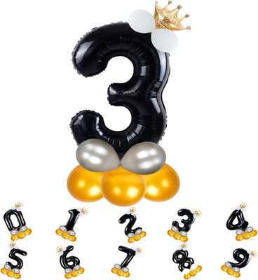 Bubble Bells Solid Pastel Balloons,Crown,3 Number Foil Balloons Set Birthday/Anniversary Decoration Letter Balloon(Black, Pack of 14)