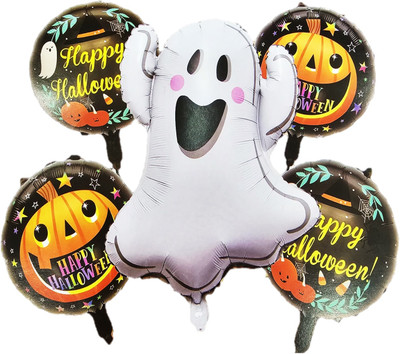 Bash N Splash Printed Happy Halloween Pumpkin & Boo Ghost Helium Party Foil Balloon 5 Pc Set Balloon(Multicolor, Pack of 5)