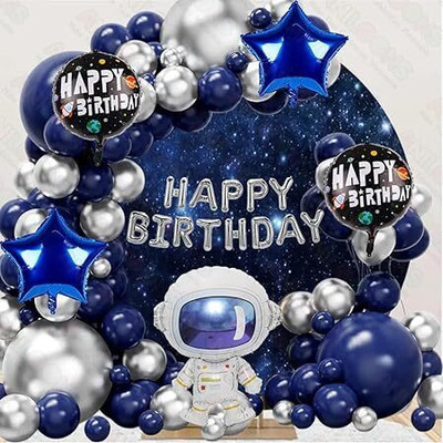 ANILOONS Solid Space Theme Birthday Part Decoration Set. Balloon(Blue, Silver, Pack of 48)
