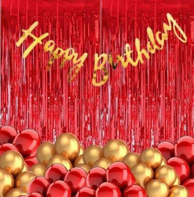 kinegic Solid Golden Cursive Happy Birthday, Red Curtain and Metallic Balloons ( Pack of 43) Balloon(Red, Pack of 43)
