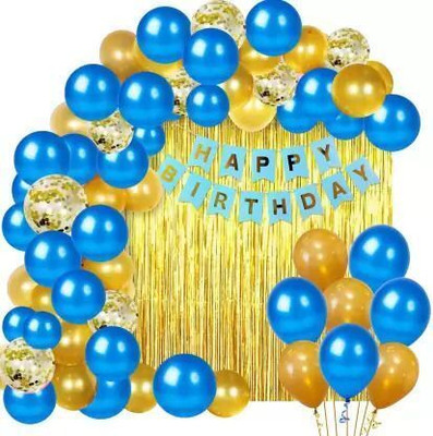 Kaliram & Sons Solid Solid Happy Birthday Decoration Kit Combo Banner Golden Foil Curtain Metallic Balloon(Multicolor, Pack of 46)