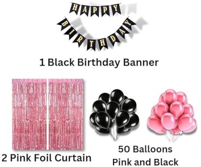 JPB Solid Black Happy Birthday Banner, Pink Foil Curtain, Foil Balloon number 1 Balloon(Black, Pink, Pack of 1)