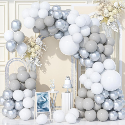 R G ACCESSORIES Solid White Silver Balloons Garland Decoration Kit With Arch Pack Of 50 Balloon(White, Silver, Pack of 50)