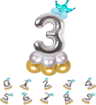 Fun Town Solid Birthday/Anniversary Decoration Pastel Balloons,Crown,3 Number Foil Balloons Set Balloon(Silver, Pack of 14)