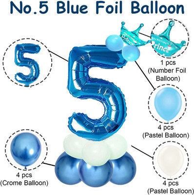 Party Bird Solid Birthday/Anniversary Decoration Pastel Balloons,Crown,5 Number Foil Balloons Set Letter Balloon(Blue, Pack of 14)