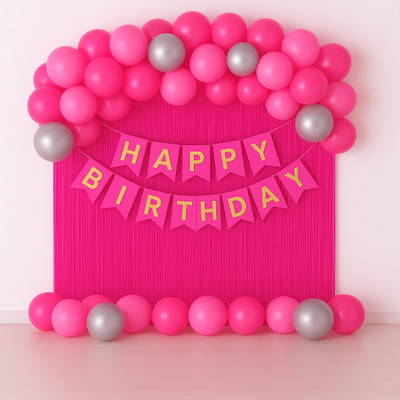 BALAJI BLESSINGS EVENTS Solid Pink & Golden “Happy Birthday” Decoration Set – Elegant Balloon & Banner Balloon(Pink, Silver, Pack of 33)