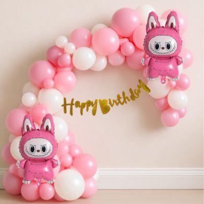 GIFTELLA Solid Labubu Printed Foil Balloon Set with Pastel Pink & White Balloon Balloon(Pink, White, Pack of 75)