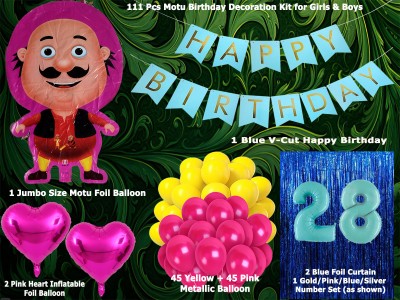 Magic Window Solid Motu BVC 111 Pcs Birthday Decoration Kit Blue No.28 Foil Balloon Boys Girls Balloon(Blue, Pack of 111)