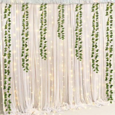 PARTY MIDLINKERZ White net Curtain Cloth Backdrop Combo with Green Leaves for Wall Decorations(Set of 10)