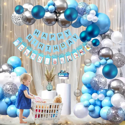 Balloon and you Solid 1st/first boy birthday decoration kit with month banner, decoration net & Balloon(Blue, White, Silver, Pack of 49)