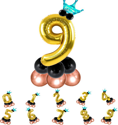 Party Bird Solid Birthday/Anniversary Decoration Pastel Balloons,Crown,9 Number Foil Balloons Set Letter Balloon(Gold, Pack of 14)
