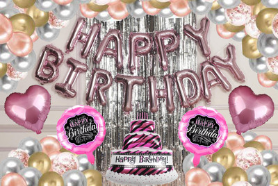 PARTY BREEZE Printed cake birthday theme decoration combo set with balloons banner kids girls boys Balloon(Pink, Pack of 39)