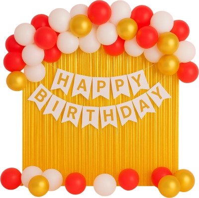 BALAJI BLESSINGS EVENTS Solid Happy Birthday Decoration kit with Golden Foil Curtain, Happy Birthday Banner, Balloon(Red, White, Gold, Pack of 33)
