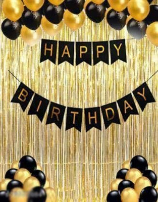Trendz decor 1 Pcs Happy Birthday Banner, 30 Black And Golden Balloon, 2 Curtains Set Of 33(Set of 33)