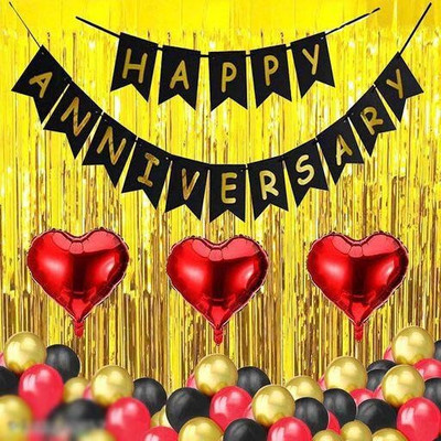 Trendz decor Solid 1 Happy Anniversary Banner, Curtains & Heart Foil With Balloons (36 Pcs) Balloon(Multicolor, Pack of 36)