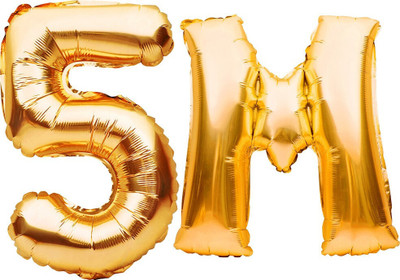 Tejal Trader Solid 5 Million Numbers Celebration Solid Golden '5M' Numerical Foil Balloon Letter Balloon(Gold, Pack of 2)