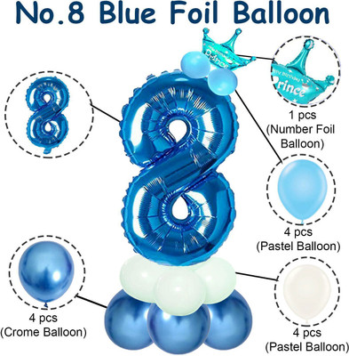 Party Bird Solid Birthday/Anniversary Decoration Pastel Balloons,Crown,8 Number Foil Balloons Set Letter Balloon(Blue, Pack of 14)