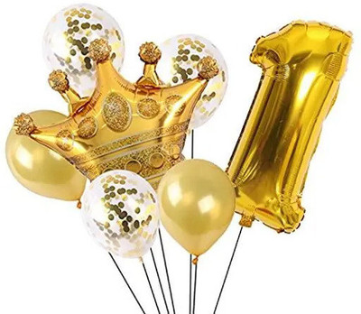 Tejal Trader Solid Gold 1 Number foil Balloon with Crown Foil, Confetti and Latex Balloons Balloon(Gold, Pack of 12)