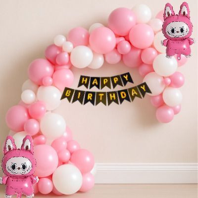 GIFTELLA Solid Labubu Foil Balloon with Pastel Balloon and Birthday Banner Balloon(Pink, White, Black, Pack of 75)