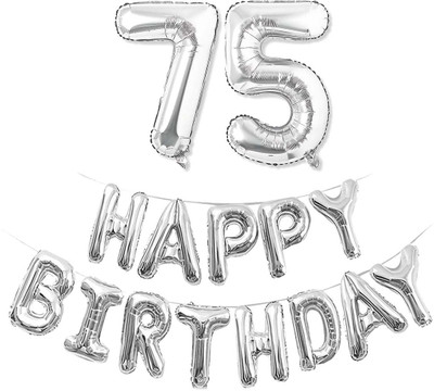 kinegic Solid 75th Birthday Decorations Combo – Happy Birthday and 75 Number Foil Balloon Set Letter Balloon(Silver, Pack of 15)