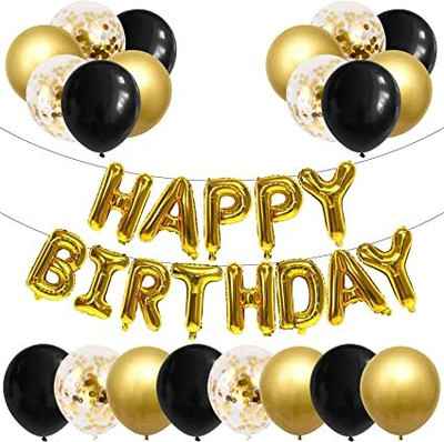 Giftzadda Solid Happy Birthday Decoration foil Balloon kit for Boys Girls Party Balloon Theme Balloon Bouquet(Gold, Black, Pack of 23)