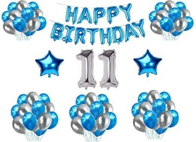 Rainydecor Solid 11Th / Eleventh Happy Birthday Decoration Combo With Foil And Star Balloons Letter Balloon(Blue, Pack of 45)