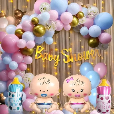 Balloon&You Solid Baby Shower Decoration Kit With White Curtain Cloth And Baby With Bottle Balloon(Pink, Blue, Gold, White, Pack of 40)