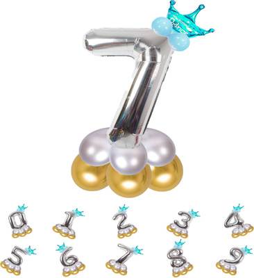 Décor Mantra Solid Pastel Balloons,Crown,7 Number Foil Balloons Set Birthday/Anniversary Decoration Letter Balloon(Silver, Pack of 14)
