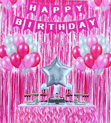 AtoZ Solid 13 Pcs Pink White HB Banner/20 Pcs Mylar Balloons/2 Foil Curtains/1 Foil Star Balloon(Pink, White, Pack of 37)