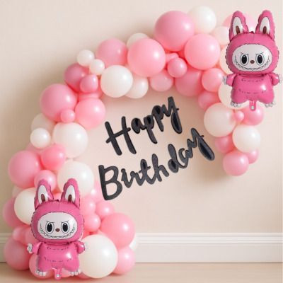 GIFTELLA Solid Labubu Printed Foil Balloon with Pastel Pink & White Balloon Balloon(Pink, White, Black, Pack of 75)